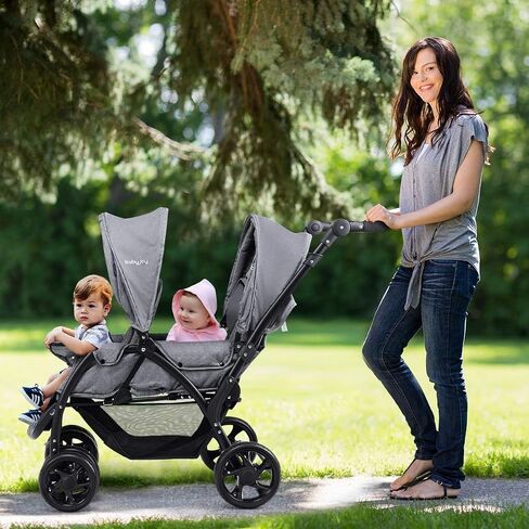 BABY JOY Double Stroller, Foldable Lightweight Twin Stroller with Tandem Seating, Adjustable Backrest/Canopy/Footrest, 5-Point Harness, Storage Basket, Newborn and Toddler (Black) in Saudi Arabia