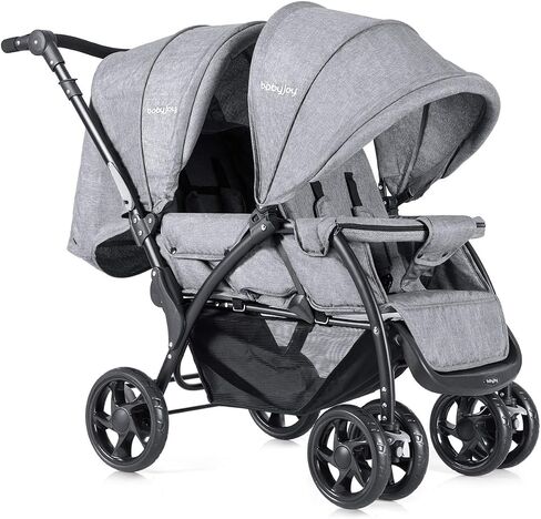 BABY JOY Double Stroller, Foldable Lightweight Twin Stroller with Tandem Seating, Adjustable Backrest/Canopy/Footrest, 5-Point Harness, Storage Basket, Newborn and Toddler (Black) in Saudi Arabia