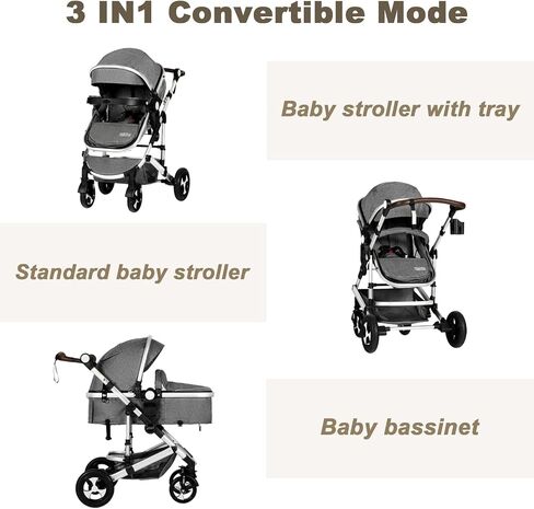 Kinder King 3 in 1 Reversible Baby Stroller w/Detachable Tray, Convert to Newborn Bassinet Pram, Folding Infant Carriage for Toddler, Adjustable Canopy & Handle, Aluminum Alloy, Suspension Wheels in Saudi Arabia