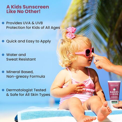 EEZYSUN SPF50 Sunscreen for Babies & Kids - Mineral Sunscreen for Face - Dermatologically Tested for Sensitive Skin - Contains Aloe Vera, Sweat/Water Resistant, Cruelty-Free, Reef Safe Sunscreen (3.3 FL OZ) in Saudi Arabia
