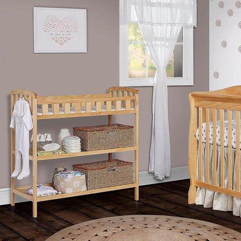 Dream On Me Emily Changing Table, Compact and Lightweight, Solid New Zealand Pinewood, Elevated Safety Rails, Two Storage Shelves, Includes Water-Resistant 1" Changing Pad — Natural in Saudi Arabia