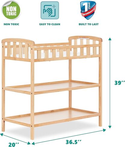 Dream On Me Emily Changing Table, Compact and Lightweight, Solid New Zealand Pinewood, Elevated Safety Rails, Two Storage Shelves, Includes Water-Resistant 1" Changing Pad — Natural in Saudi Arabia
