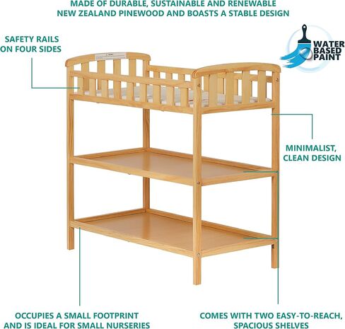 Dream On Me Emily Changing Table, Compact and Lightweight, Solid New Zealand Pinewood, Elevated Safety Rails, Two Storage Shelves, Includes Water-Resistant 1" Changing Pad — Natural in Saudi Arabia