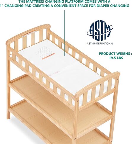 Dream On Me Emily Changing Table, Compact and Lightweight, Solid New Zealand Pinewood, Elevated Safety Rails, Two Storage Shelves, Includes Water-Resistant 1" Changing Pad — Natural in Saudi Arabia
