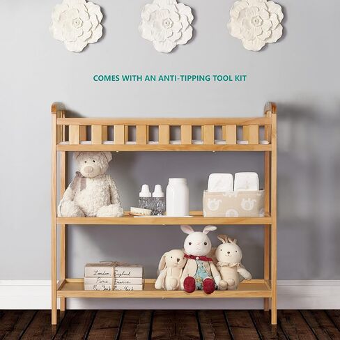 Dream On Me Emily Changing Table, Compact and Lightweight, Solid New Zealand Pinewood, Elevated Safety Rails, Two Storage Shelves, Includes Water-Resistant 1" Changing Pad — Natural in Saudi Arabia