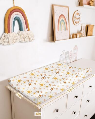 غطاء وسادة تغيير الحفاضات من بيبي باي فائق النعومة من القطن الناعم لتغيير الحفاضات للرضع من البنات والأولاد - نمط قوس قزح والشمس الأنيق، عبوة من قطعتين in Kuwait