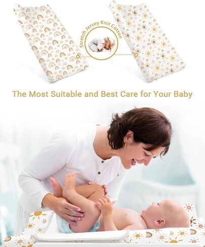 غطاء وسادة تغيير الحفاضات من بيبي باي فائق النعومة من القطن الناعم لتغيير الحفاضات للرضع من البنات والأولاد - نمط قوس قزح والشمس الأنيق، عبوة من قطعتين in Kuwait