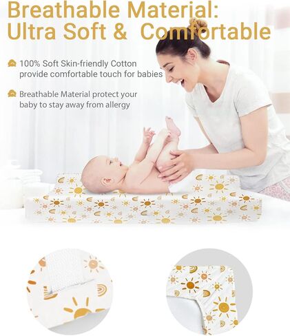 غطاء وسادة تغيير الحفاضات من بيبي باي فائق النعومة من القطن الناعم لتغيير الحفاضات للرضع من البنات والأولاد - نمط قوس قزح والشمس الأنيق، عبوة من قطعتين in Kuwait