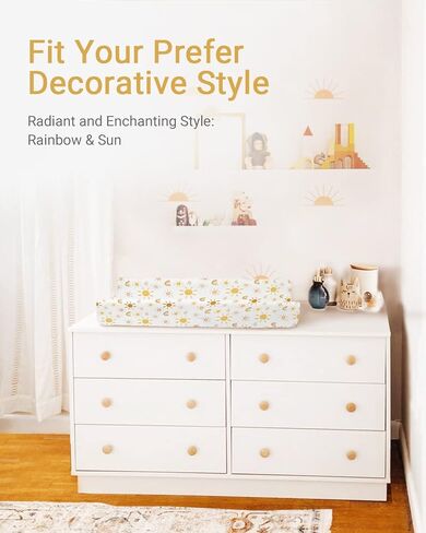 غطاء وسادة تغيير الحفاضات من بيبي باي فائق النعومة من القطن الناعم لتغيير الحفاضات للرضع من البنات والأولاد - نمط قوس قزح والشمس الأنيق، عبوة من قطعتين in Kuwait