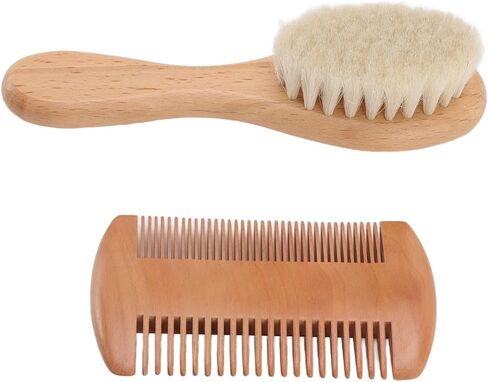 WALFRONT Wooden Baby Hair Brush and Comb Set Natural Soft Goat Bristle Brush Double Edged Comb for Baby Shower Newborn Hair Grooming Healthcare Kits in Saudi Arabia
