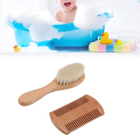 WALFRONT Wooden Baby Hair Brush and Comb Set Natural Soft Goat Bristle Brush Double Edged Comb for Baby Shower Newborn Hair Grooming Healthcare Kits in Saudi Arabia