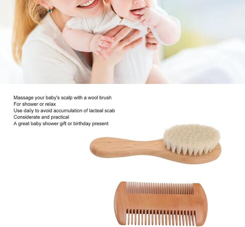 WALFRONT Wooden Baby Hair Brush and Comb Set Natural Soft Goat Bristle Brush Double Edged Comb for Baby Shower Newborn Hair Grooming Healthcare Kits in Saudi Arabia
