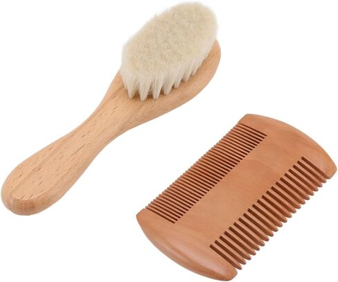 WALFRONT Wooden Baby Hair Brush and Comb Set Natural Soft Goat Bristle Brush Double Edged Comb for Baby Shower Newborn Hair Grooming Healthcare Kits in Saudi Arabia