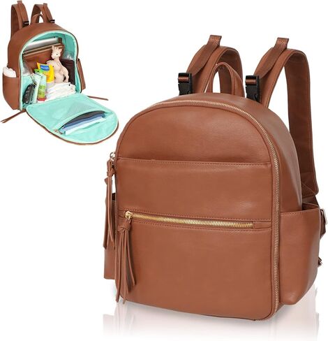 MOMINSIDE Small Diaper Bag Backpack, Mini Diaper Bag with 11 Pockets, Leather Travel Baby Bag for Baby Girls, Diaper Bag Organizers, 2 Insulated Pockets, Stroller Straps, Baby Registry (Black) in Saudi Arabia