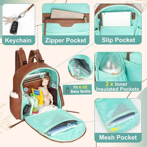 MOMINSIDE Small Diaper Bag Backpack, Mini Diaper Bag with 11 Pockets, Leather Travel Baby Bag for Baby Girls, Diaper Bag Organizers, 2 Insulated Pockets, Stroller Straps, Baby Registry (Black) in Saudi Arabia