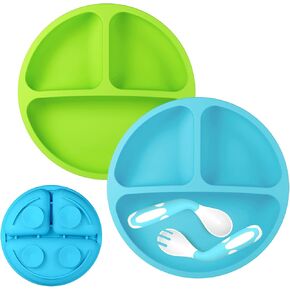 Suction Plates for Babies, 100% SiliconeToddler plates,Divided Baby Plates, Dishwasher & Microwave Friendly,Food Grade Silicone Kids Plates with Spoon Fork. (Blue,Green) in Saudi Arabia