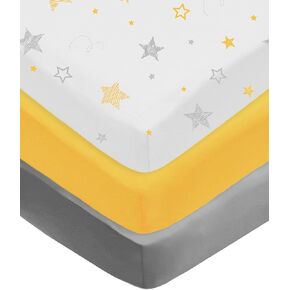 American Baby Company 3 Pack Fitted Crib Sheets 28" x 52", Soft Breathable Neutral 100% Cotton Jersey Sheet, Yellow Star/Yellow/Gray, for Boys and Girls, Fits Crib and Toddler Bed mattresses