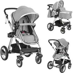 BABY JOY Baby Stroller, 2-in-1 Convertible Bassinet Reclining Stroller, Foldable Pram Carriage with 5-Point Harness, Including Cup Holder, Foot Cover, Diaper Bag, Aluminum Structure, Khaki in Saudi Arabia