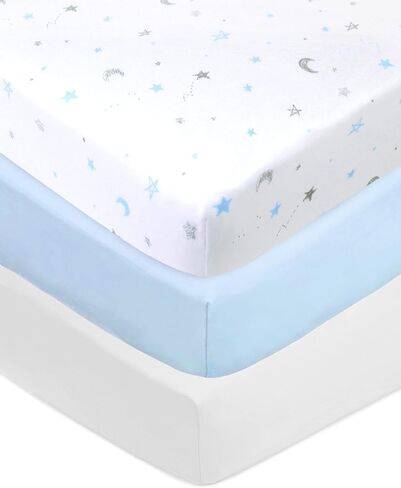American Baby Company 3 Pack Fitted Crib Sheets 52x28",Blue Star/Blue/White | 100% Natural Cotton Crib and Toddler Bed Sheets, Soft, Breathable & Hypoallergenic, Gentle on Skin, Neutral for Boys & Girls in Saudi Arabia