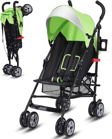 BABY JOY Lightweight & Compact Travel Stroller, Infant to Toddler, Adjustable Backrest & Canopy, Cup Holder, Storage Basket, 5-Point Harness, Easy Fold, Green in Saudi Arabia