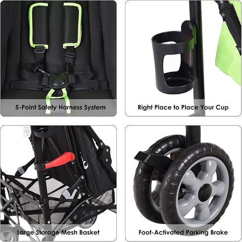 BABY JOY Lightweight & Compact Travel Stroller, Infant to Toddler, Adjustable Backrest & Canopy, Cup Holder, Storage Basket, 5-Point Harness, Easy Fold, Green in Saudi Arabia