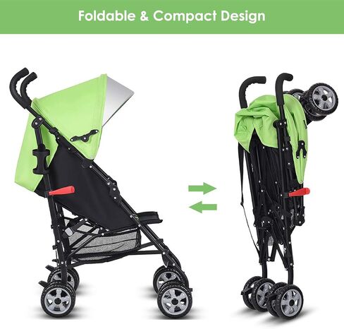 BABY JOY Lightweight & Compact Travel Stroller, Infant to Toddler, Adjustable Backrest & Canopy, Cup Holder, Storage Basket, 5-Point Harness, Easy Fold, Green in Saudi Arabia