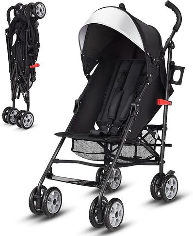 BABY JOY Lightweight Stroller, Compact Travel Stroller, Infant Stroller w/Adjustable Backrest & Canopy, Cup Holder, Storage Basket, 5-Point Harness, Easy Fold, Umbrella Stroller for Toddler, Black in Kuwait