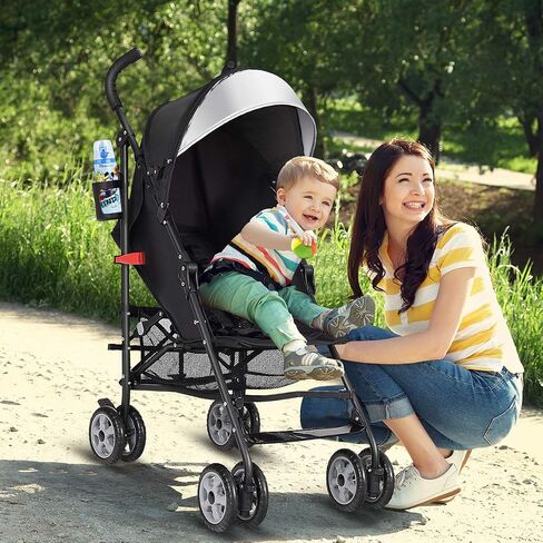 BABY JOY Lightweight Stroller, Compact Travel Stroller, Infant Stroller w/Adjustable Backrest & Canopy, Cup Holder, Storage Basket, 5-Point Harness, Easy Fold, Umbrella Stroller for Toddler, Black in Kuwait