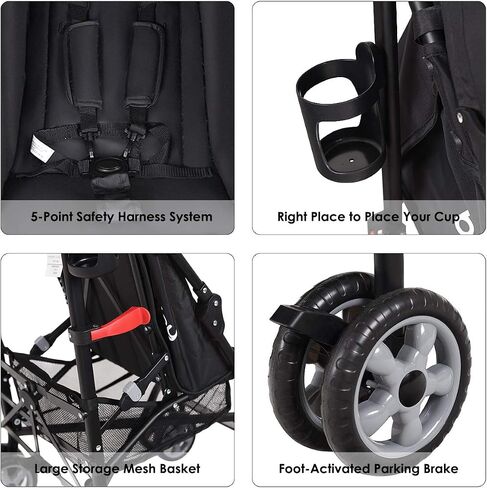 BABY JOY Lightweight Stroller, Compact Travel Stroller, Infant Stroller w/Adjustable Backrest & Canopy, Cup Holder, Storage Basket, 5-Point Harness, Easy Fold, Umbrella Stroller for Toddler, Black in Kuwait