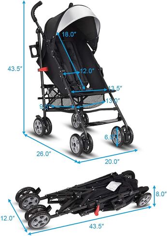 BABY JOY Lightweight Stroller, Compact Travel Stroller, Infant Stroller w/Adjustable Backrest & Canopy, Cup Holder, Storage Basket, 5-Point Harness, Easy Fold, Umbrella Stroller for Toddler, Black in Kuwait