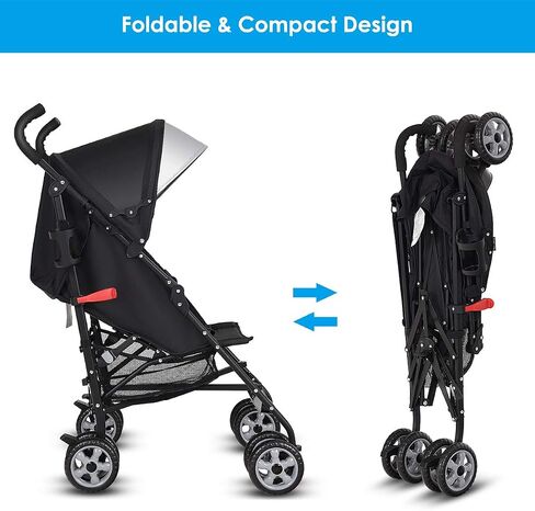 BABY JOY Lightweight Stroller, Compact Travel Stroller, Infant Stroller w/Adjustable Backrest & Canopy, Cup Holder, Storage Basket, 5-Point Harness, Easy Fold, Umbrella Stroller for Toddler, Black in Kuwait