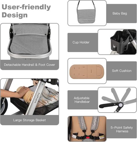 BABY JOY Baby Stroller, 2-in-1 Convertible Bassinet Reclining Stroller, Foldable Pram Carriage with 5-Point Harness, Including Cup Holder, Foot Cover, Diaper Bag, Aluminum Structure, Khaki in Saudi Arabia