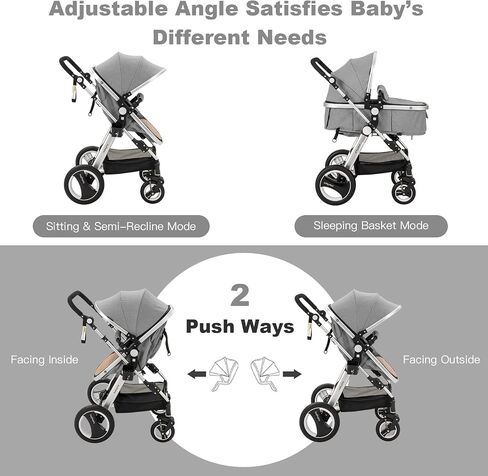 BABY JOY Baby Stroller, 2-in-1 Convertible Bassinet Reclining Stroller, Foldable Pram Carriage with 5-Point Harness, Including Cup Holder, Foot Cover, Diaper Bag, Aluminum Structure, Khaki in Saudi Arabia