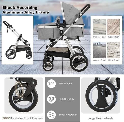 BABY JOY Baby Stroller, 2-in-1 Convertible Bassinet Reclining Stroller, Foldable Pram Carriage with 5-Point Harness, Including Cup Holder, Foot Cover, Diaper Bag, Aluminum Structure, Khaki in Saudi Arabia
