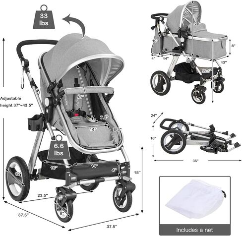 BABY JOY Baby Stroller, 2-in-1 Convertible Bassinet Reclining Stroller, Foldable Pram Carriage with 5-Point Harness, Including Cup Holder, Foot Cover, Diaper Bag, Aluminum Structure, Khaki in Saudi Arabia