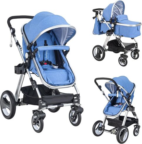 BABY JOY Baby Stroller, 2-in-1 Convertible Bassinet Reclining Stroller, Foldable Pram Carriage with 5-Point Harness, Including Cup Holder, Foot Cover, Diaper Bag, Aluminum Structure, Gray in Saudi Arabia