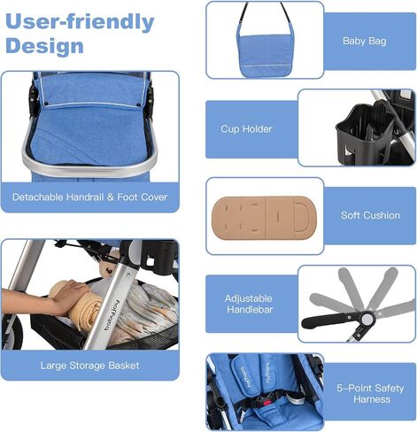 BABY JOY Baby Stroller, 2-in-1 Convertible Bassinet Reclining Stroller, Foldable Pram Carriage with 5-Point Harness, Including Cup Holder, Foot Cover, Diaper Bag, Aluminum Structure, Gray in Saudi Arabia