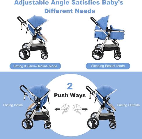 BABY JOY Baby Stroller, 2-in-1 Convertible Bassinet Reclining Stroller, Foldable Pram Carriage with 5-Point Harness, Including Cup Holder, Foot Cover, Diaper Bag, Aluminum Structure, Gray in Saudi Arabia