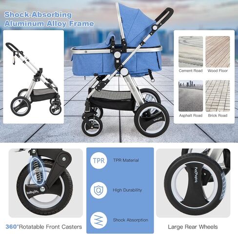 BABY JOY Baby Stroller, 2-in-1 Convertible Bassinet Reclining Stroller, Foldable Pram Carriage with 5-Point Harness, Including Cup Holder, Foot Cover, Diaper Bag, Aluminum Structure, Gray in Saudi Arabia