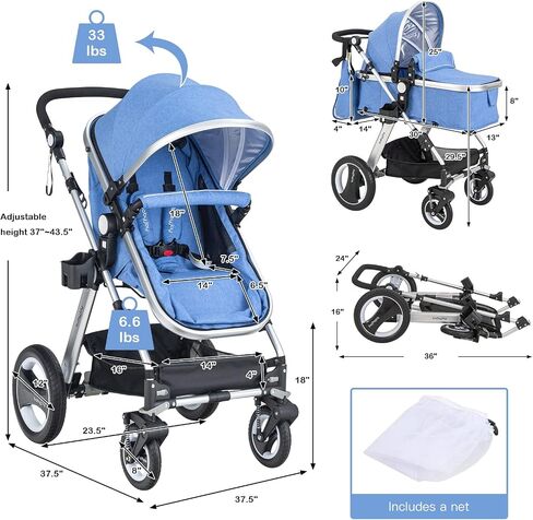 BABY JOY Baby Stroller, 2-in-1 Convertible Bassinet Reclining Stroller, Foldable Pram Carriage with 5-Point Harness, Including Cup Holder, Foot Cover, Diaper Bag, Aluminum Structure, Gray in Saudi Arabia