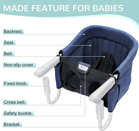 كراسي عالية محمولة، مقعد طعام للاطفال قابل للازالة والغسل بمشبك على الكرسي العالي، تصميم عالي الحمل وقابل للطي للاستخدام في المنزل وطاولة السفر، ازرق داكن in Kuwait