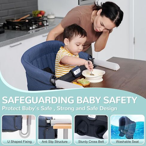 كراسي عالية محمولة، مقعد طعام للاطفال قابل للازالة والغسل بمشبك على الكرسي العالي، تصميم عالي الحمل وقابل للطي للاستخدام في المنزل وطاولة السفر، ازرق داكن in Kuwait