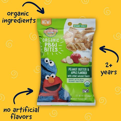 أفضل الوجبات الخفيفة العضوية للأطفال من Earth، وجبات خفيفة للأطفال الصغار من Sesame Street، لقيمات PB&J العضوية للأطفال الصغار بعمر سنتين فما فوق، زبدة الفول السوداني والتفاح بنكهة النكهات الطبيعية الأخرى، كيس 3 أونصة (عبوة من 6) in Saudi Arabia