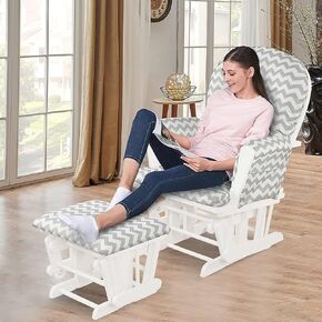 Solid Wood Construction, Incredibly Smooth Quiet Gliding, Soft Skin-Friendly Fabric, Baby Nursery Relax Rocker Rocking Chair Glider and Ottoman Set Super Soft Cushion, Extra Storage Pocket, Grey-White in Saudi Arabia