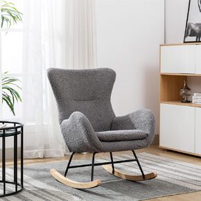 Modern Elegant Nursery Rocking Chair Faux Fur Teddy Fabric Glider Rocker with High Back Stylish Cozy Accent Armchair Living Room Lounge Rocking Chair Seat for Home Bedroom (Grey) in Saudi Arabia