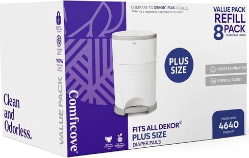 عبوات COMFICOVE المتوافقة مع دلاء الحفاضات DEKOR PLUS | 4 عبوات | بطانات إعادة تعبئة سطل الحفاضات السميكة للغاية | رائحة مسحوق طازجة | من السهل استبدال حقيبة الحفاضات والتخلص منها | التخلص من حفاضات الأطفال عديمة الرائحة in Kuwait