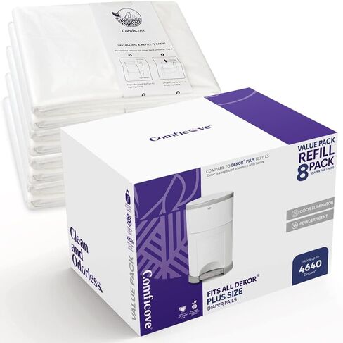 عبوات COMFICOVE المتوافقة مع دلاء الحفاضات DEKOR PLUS | 4 عبوات | بطانات إعادة تعبئة سطل الحفاضات السميكة للغاية | رائحة مسحوق طازجة | من السهل استبدال حقيبة الحفاضات والتخلص منها | التخلص من حفاضات الأطفال عديمة الرائحة in Kuwait