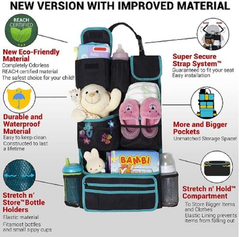 Back Seat Car Organizer - Kids Storage Compartment - Holds Tablets - Ipads - Cups - Bottles -Toys - Stuffed Animals - Snacks - Detachable - Adjustable - Removable Documents Wallet in Kuwait