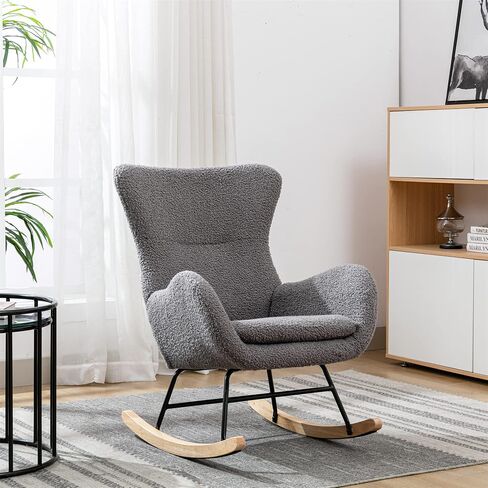 Modern Elegant Nursery Rocking Chair Faux Fur Teddy Fabric Glider Rocker with High Back Stylish Cozy Accent Armchair Living Room Lounge Rocking Chair Seat for Home Bedroom (Grey) in Saudi Arabia