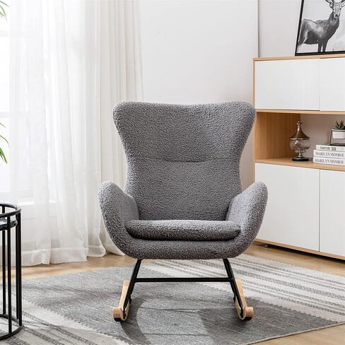 Modern Elegant Nursery Rocking Chair Faux Fur Teddy Fabric Glider Rocker with High Back Stylish Cozy Accent Armchair Living Room Lounge Rocking Chair Seat for Home Bedroom (Grey) in Saudi Arabia